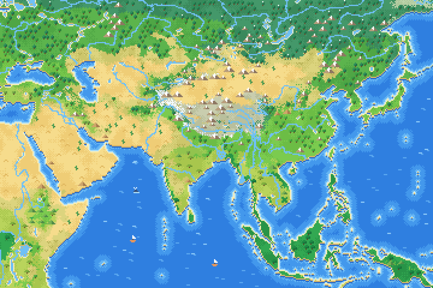 Pixel-art map of Asia.