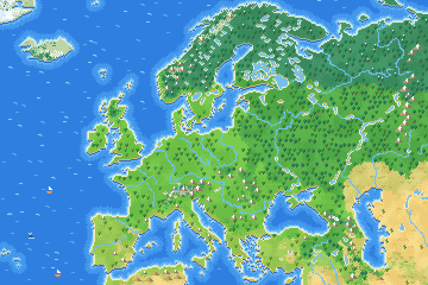 Pixel-art map of Europe.