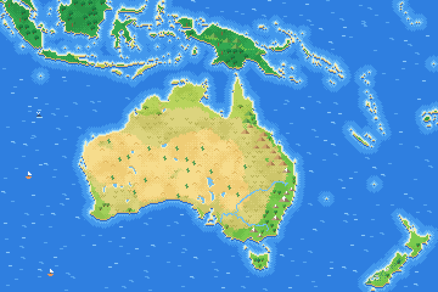 Pixel-art map of Australia and Oceania.