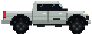 A pixel-art pickup truck driving along a road under the map.